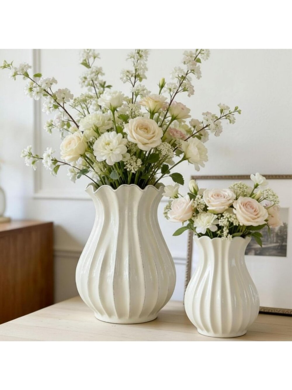 2 Pack Vintage White Pleated Ceramic Vases for Stylish Home Decor & Centerpieces